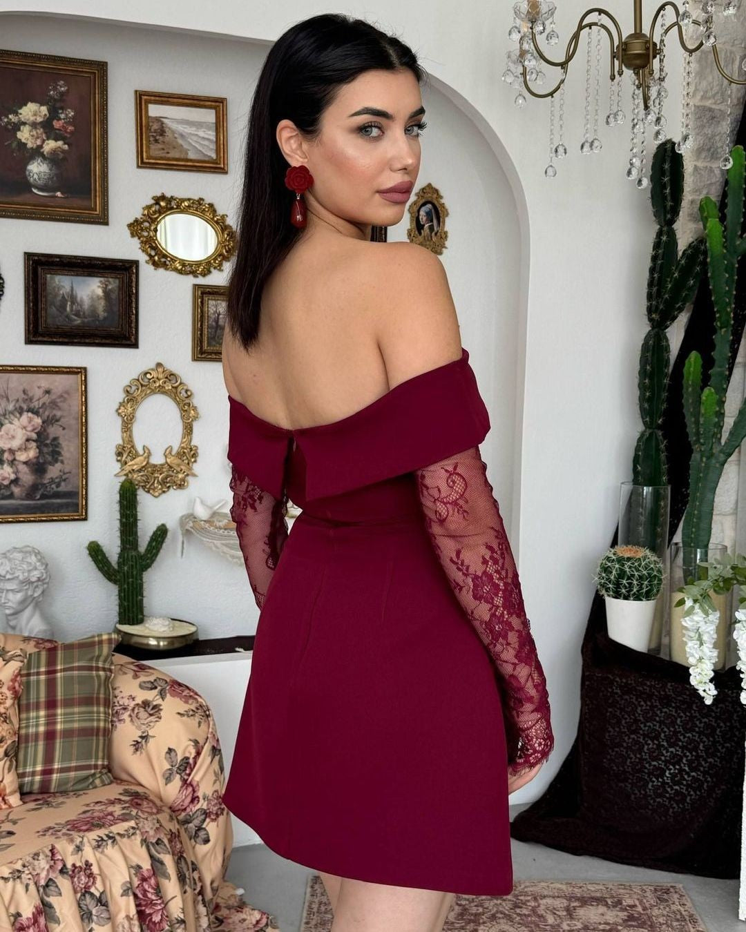 Mini Lace Sleeve Dress - Burgundy - back view