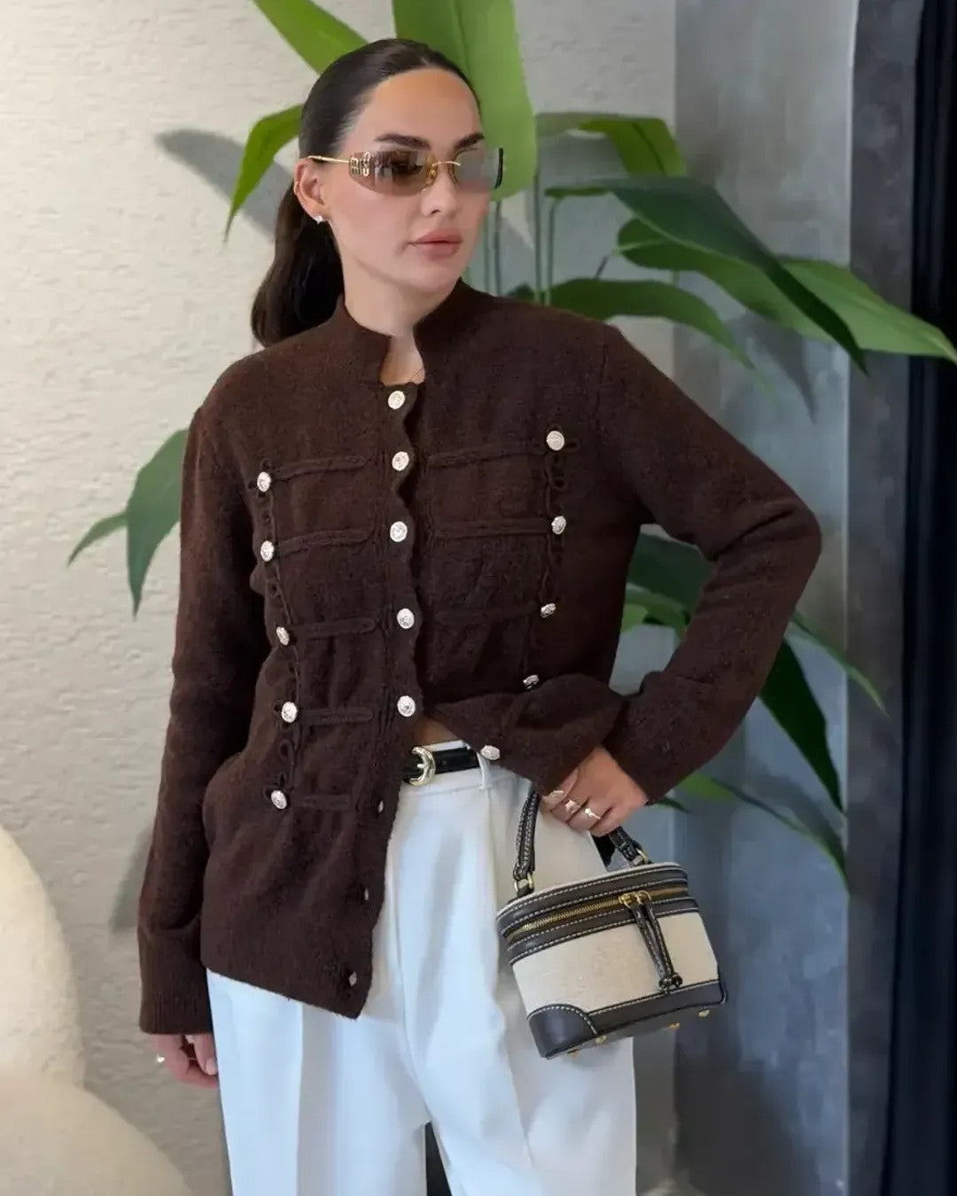 Napoleon Collar Cardigan - Brown - three-quarter view