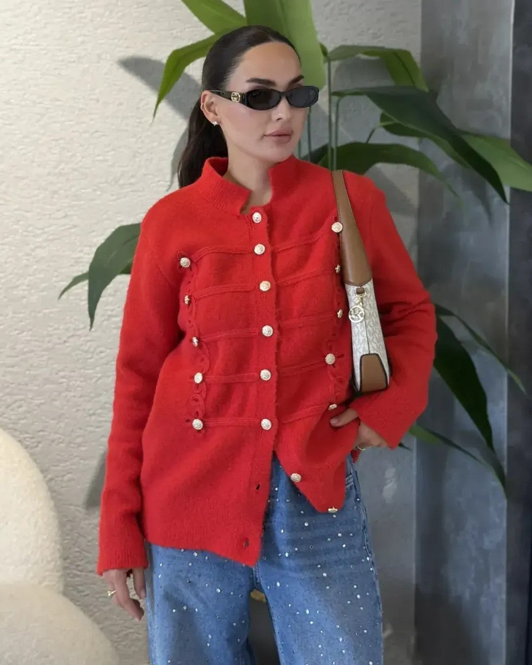 Napoleon Collar Cardigan - Red - front view