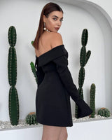 Off-Shoulder Blazer Mini Dress - Black - three-quarter view