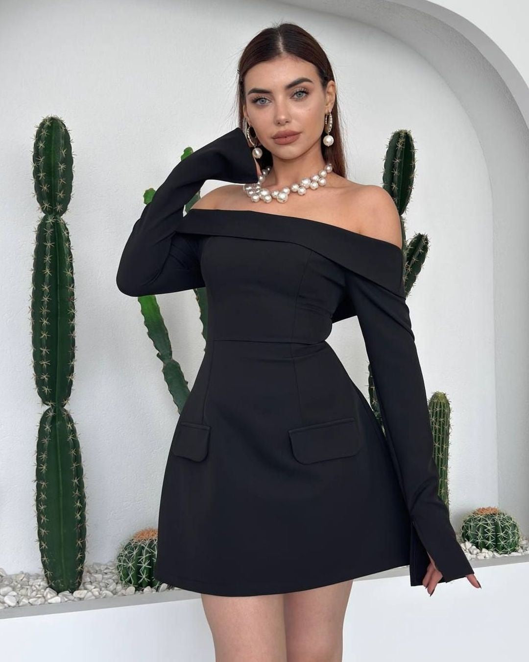 Off-Shoulder Blazer Mini Dress - Black - front view