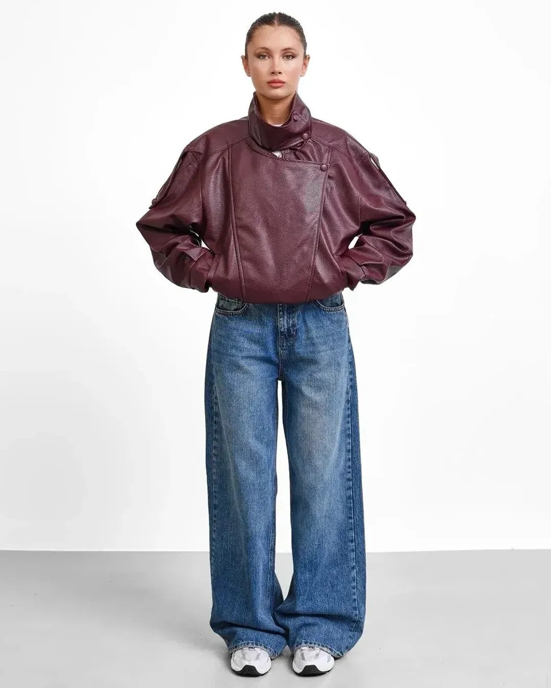 Oversized Leather Jacket - Purple - front view
