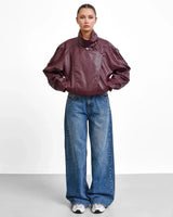 Oversized Leather Jacket - Purple - front view