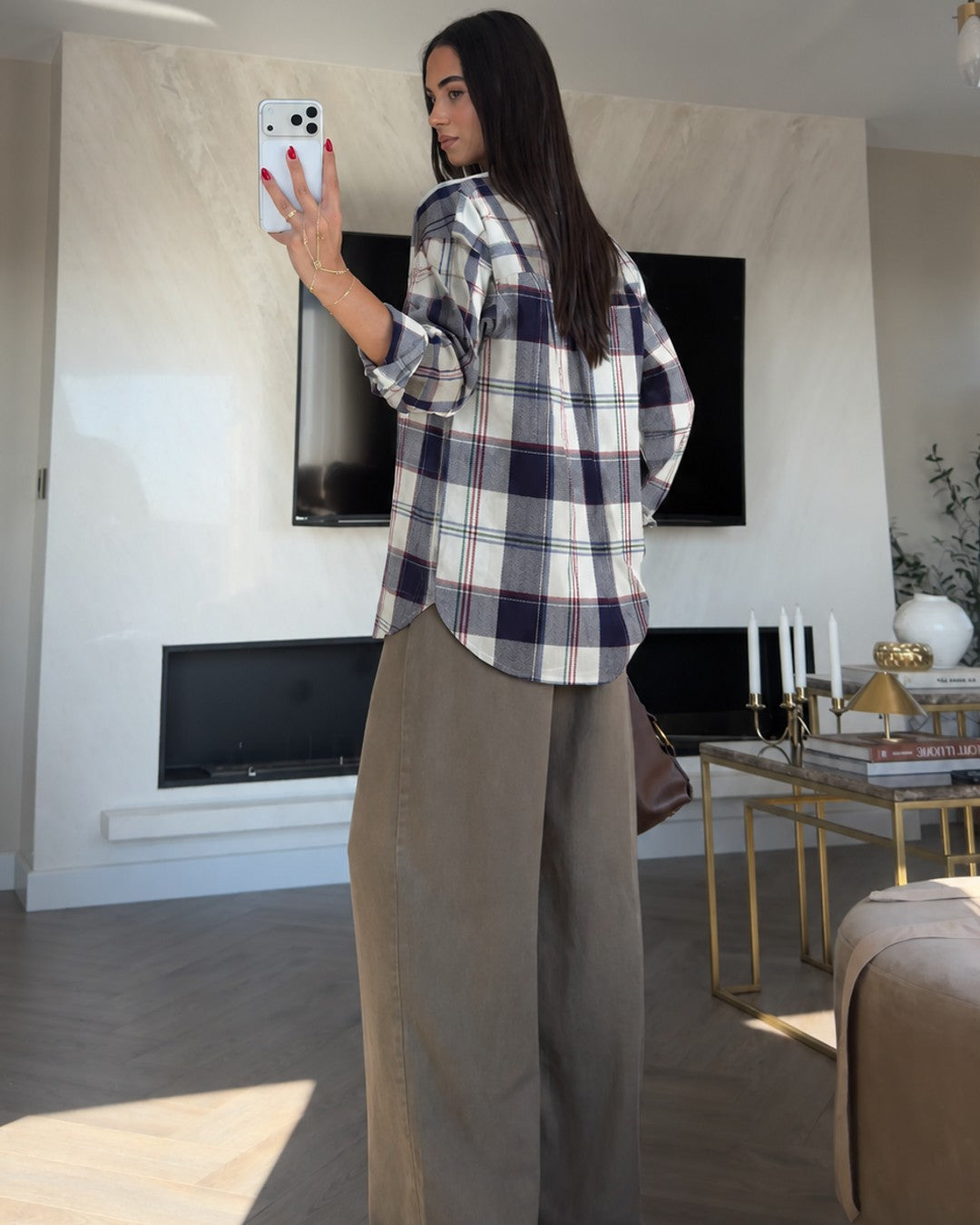 Oversized Plaid Shirt - Navy - back view