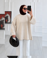 Oversized Striped Long Sleeve Top - Beige - front view