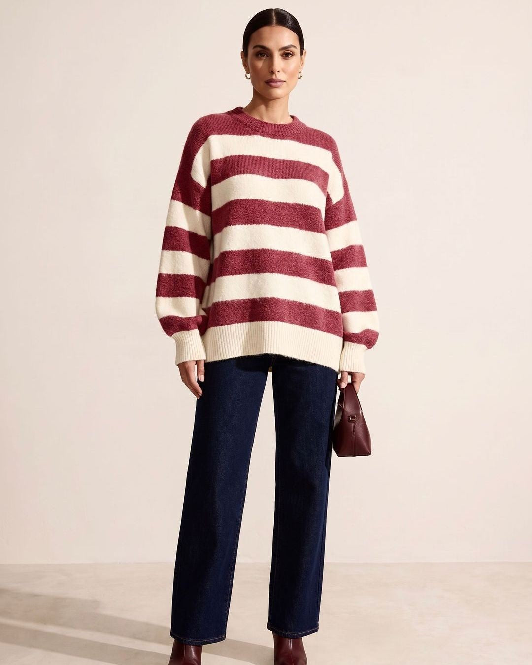 Oversized Wide Stripe Fuzzy Knit Sweater - Red - front view