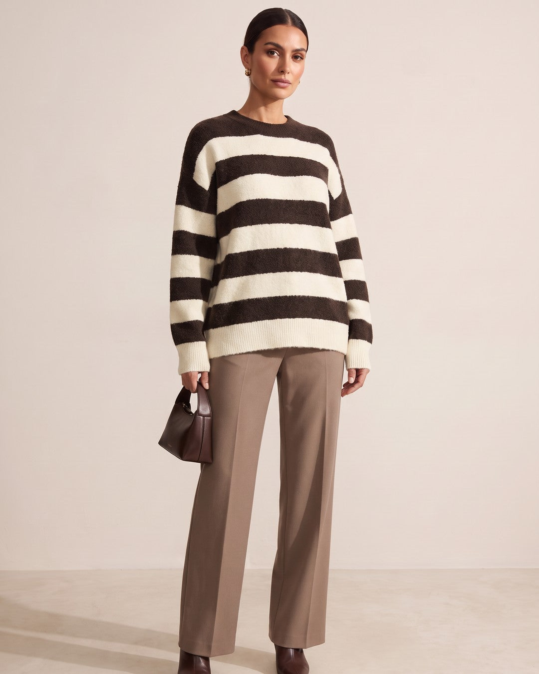 Oversized Wide Stripe Fuzzy Knit Sweater - Brown - front view
