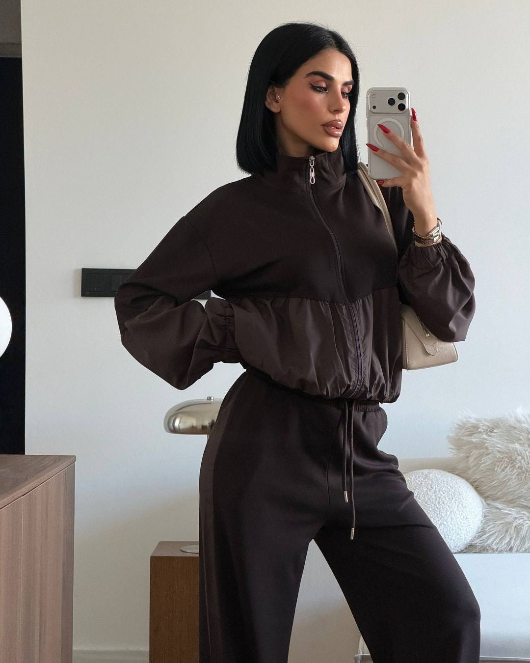 Parachute Jacket Lounge Set - Brown - front view