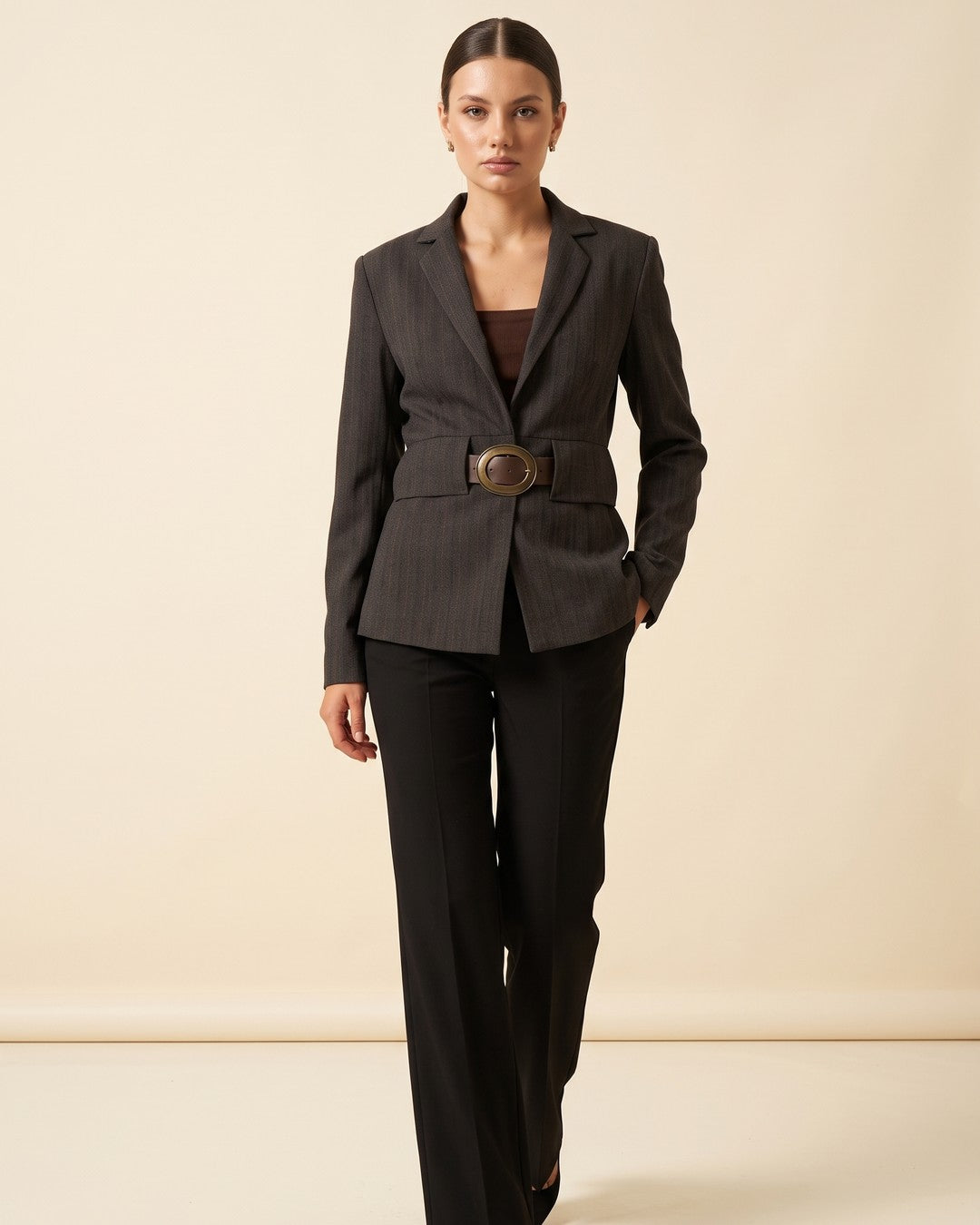 Pinstripe Cinched-Waist Blazer - Dark Grey - front view