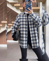 Plaid Oversized Flannel Shirt - Navy - front view