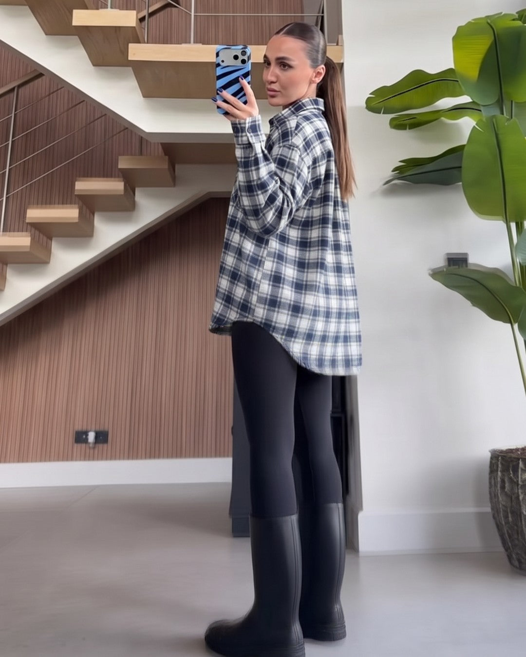 Plaid Oversized Flannel Shirt - Navy - three-quarter view