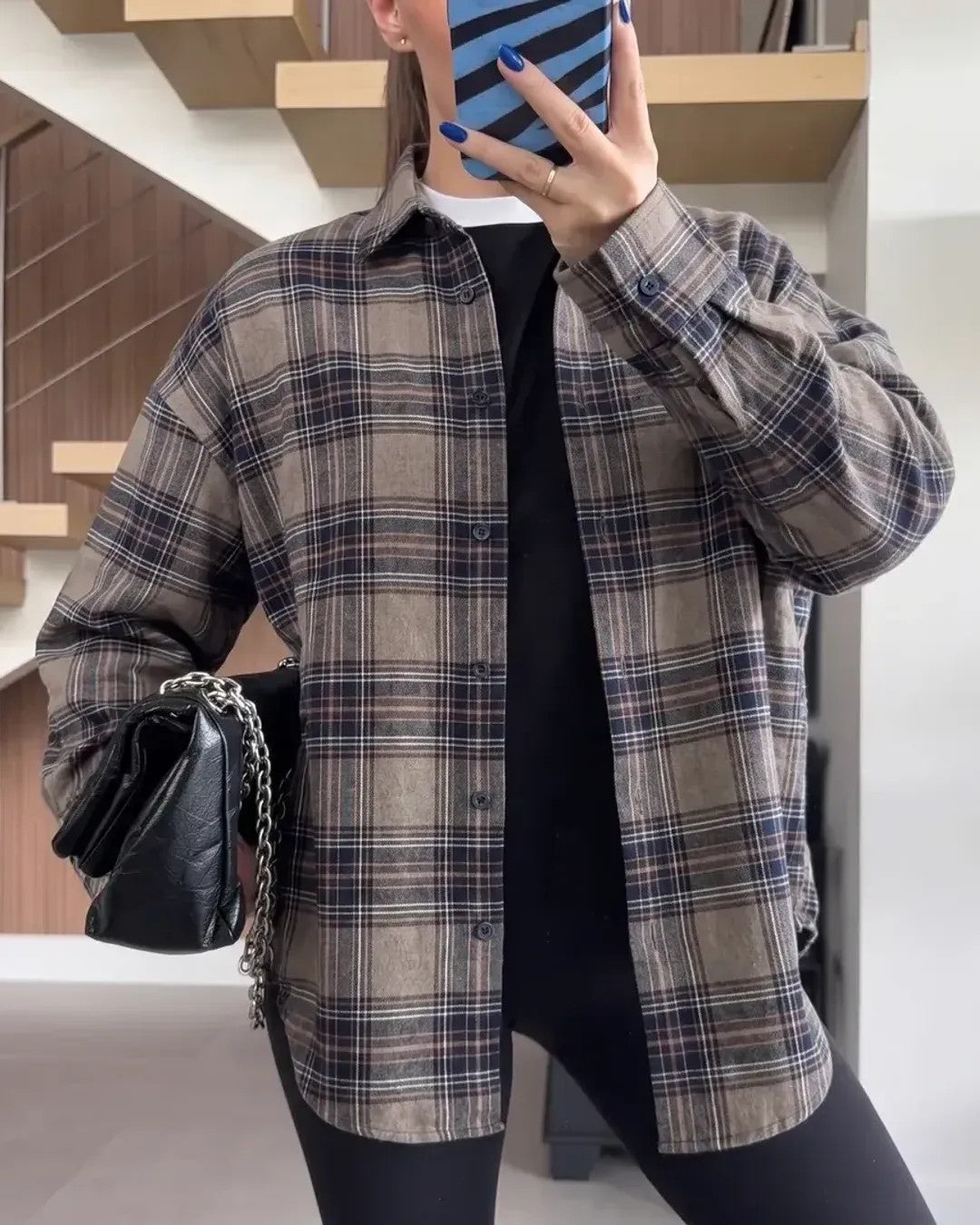 Plaid Oversized Flannel Shirt - Beige - front view