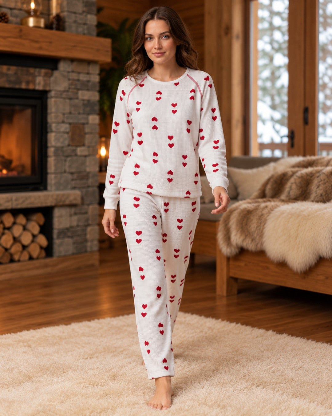 Red Heart Waffle Pajama Set - White - front view