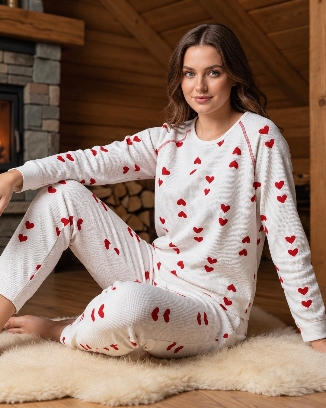 Red Heart Waffle Pajama Set - White - front view