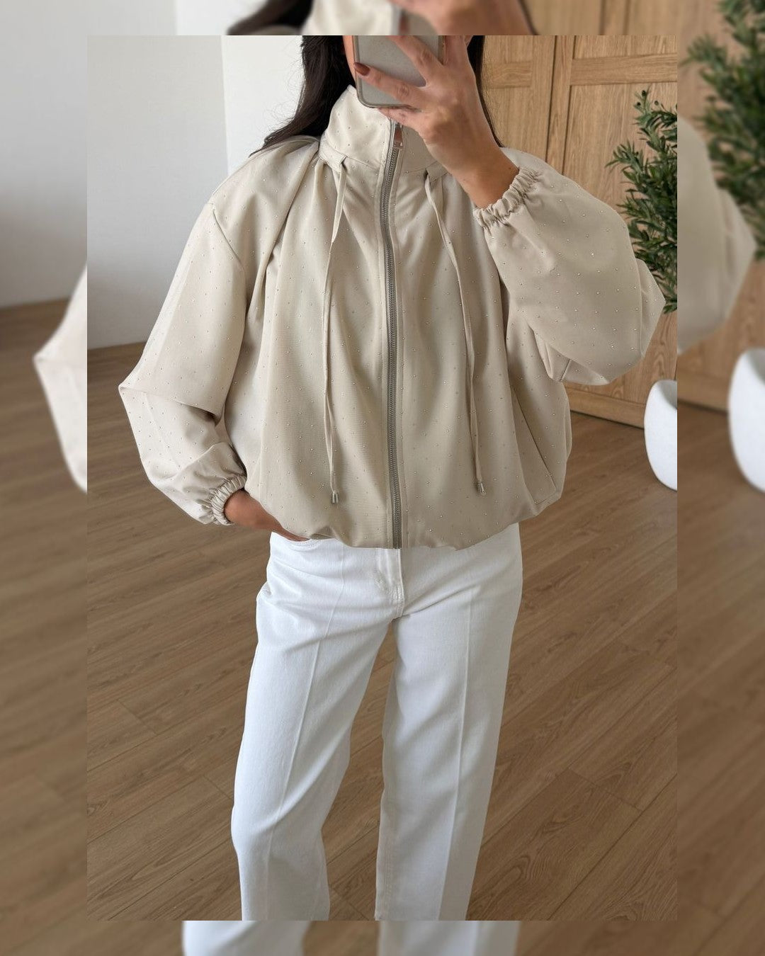 Rhinestone Bomber Jacket - Off White - front view