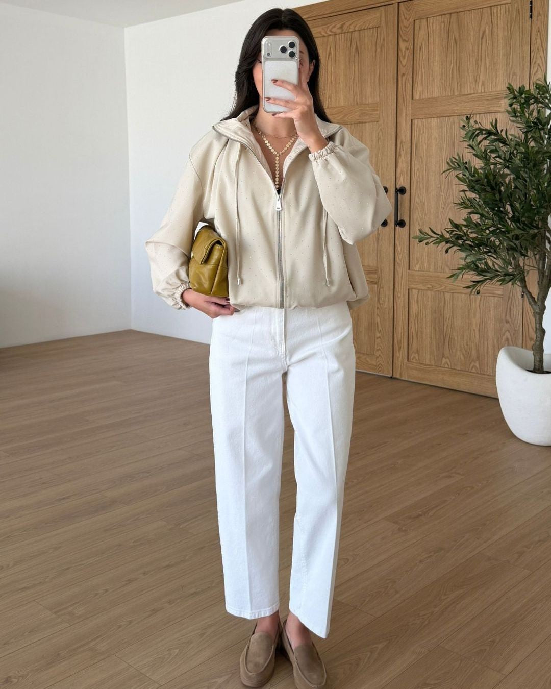 Rhinestone Bomber Jacket - Off White - front view