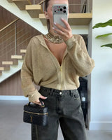 Sheer Gold Knit Zip Hoodie - Gold - front view