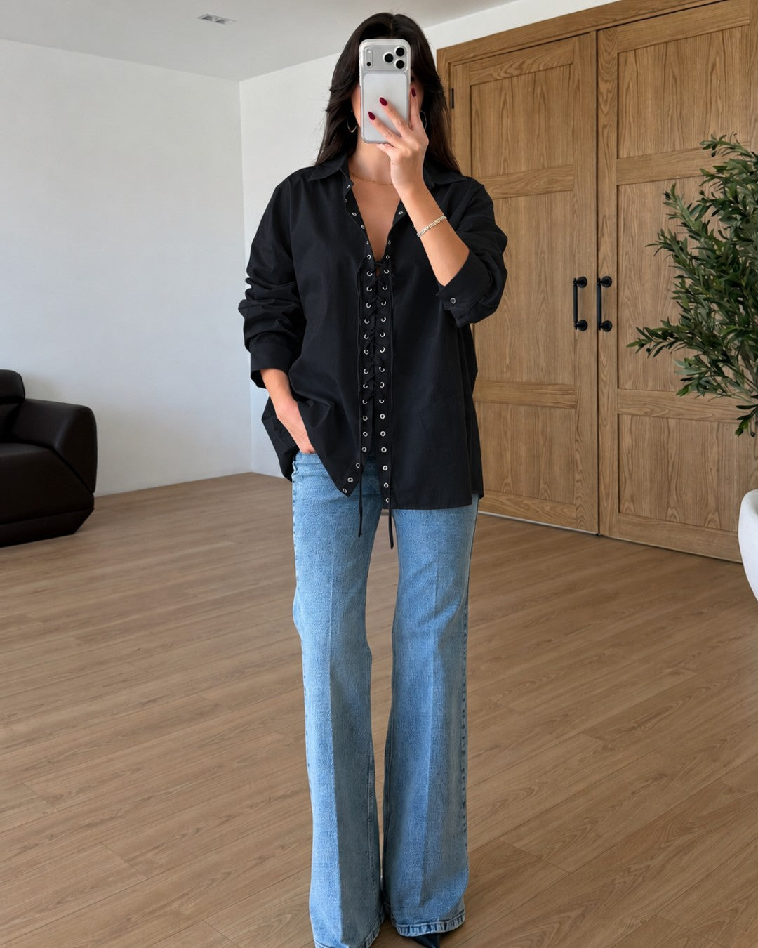Oversized Lace Up Shirt - Black - front view