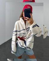 Skier Graphic Sherpa Fleece Zip-Up Jacket - Off White - front view