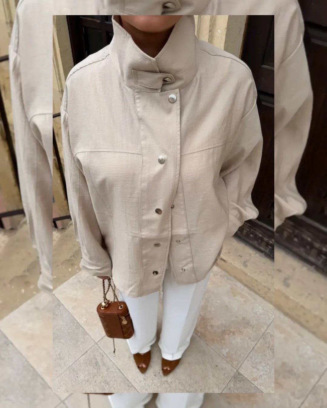 Snap-Front Overshirt Jacket - Beige - front view