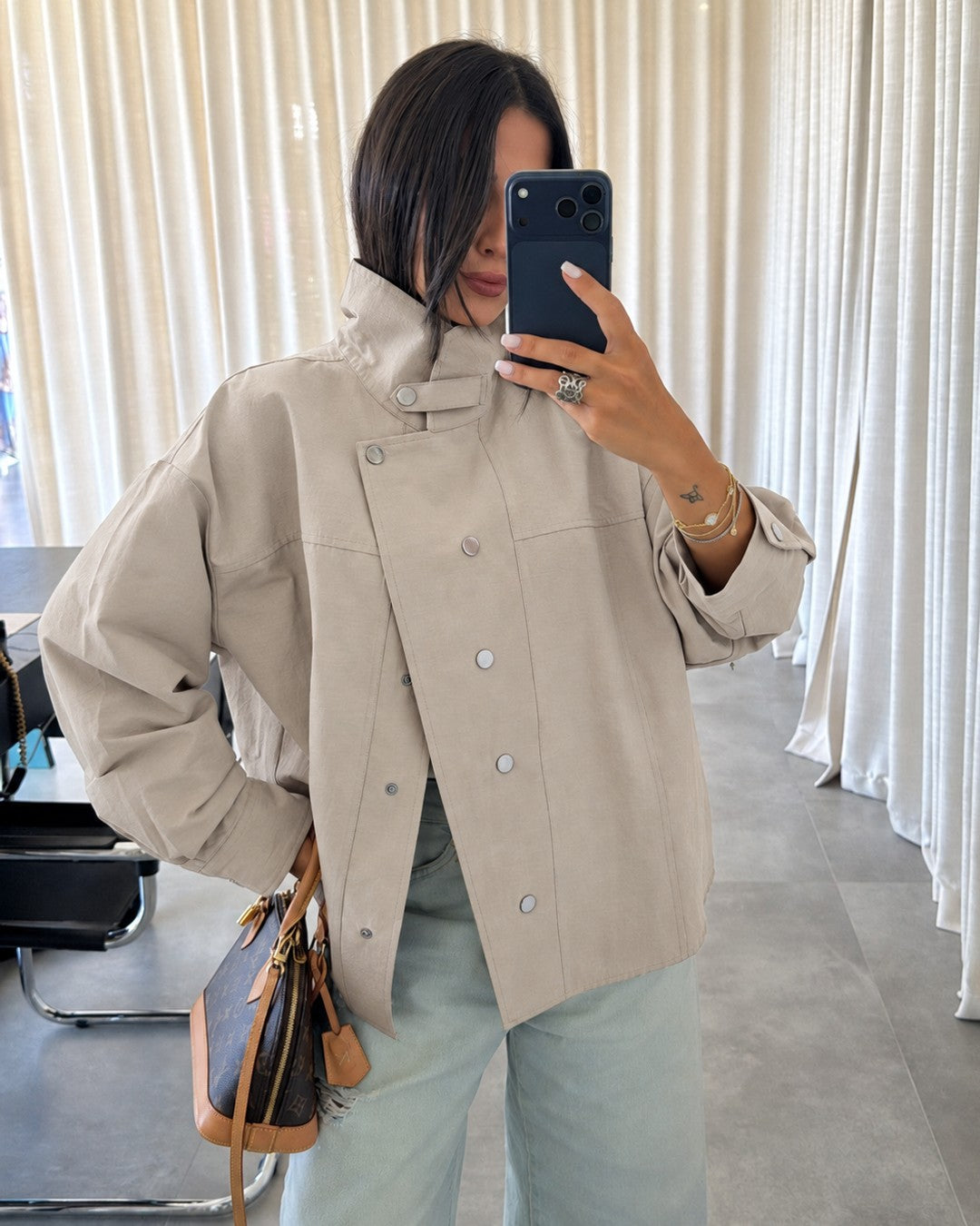 Snap-Front Overshirt Jacket - Beige - front view