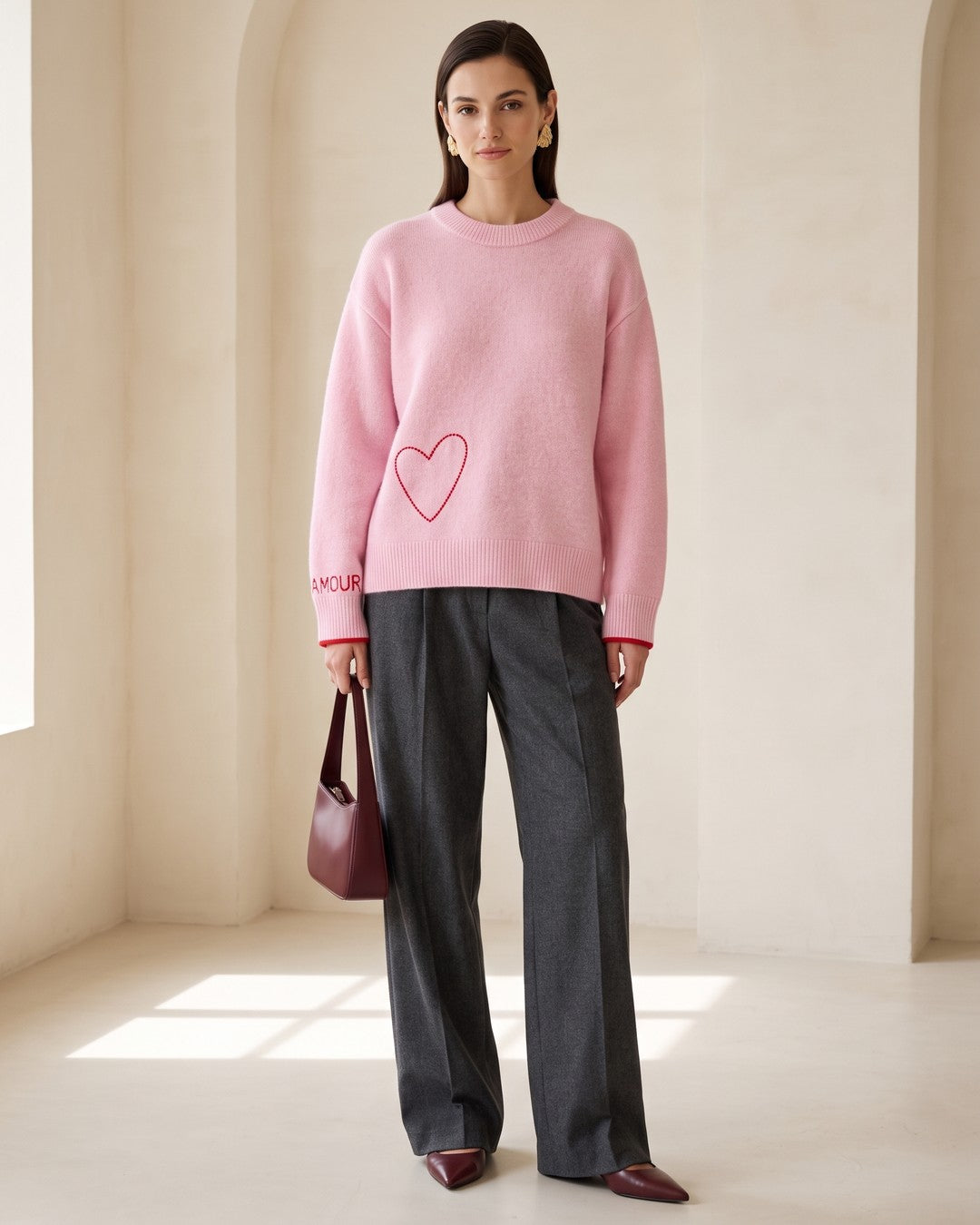 Soft Heart Knit Sweater - Pink - front view