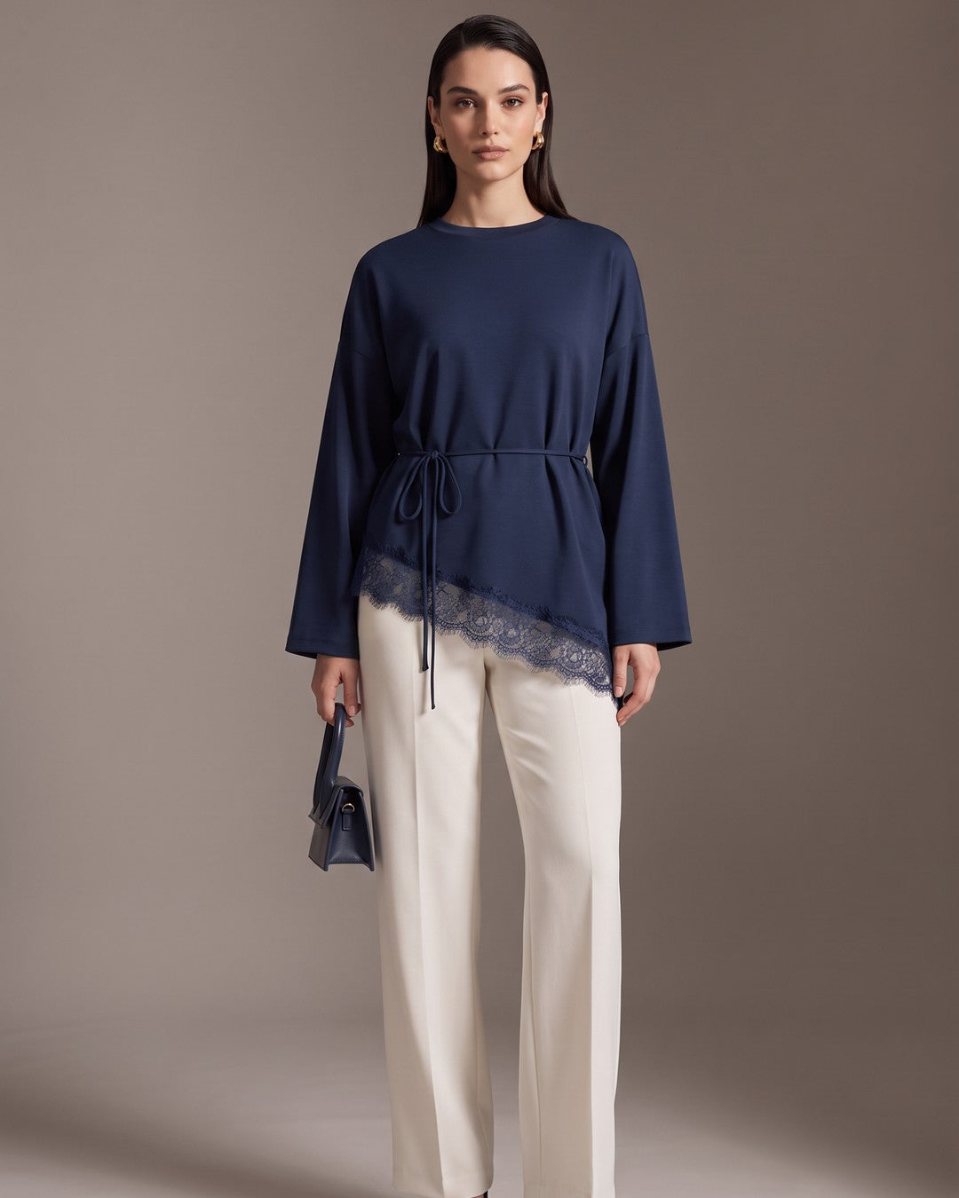 Soft Lace Asymmetric Top + Belt - Navy - front view