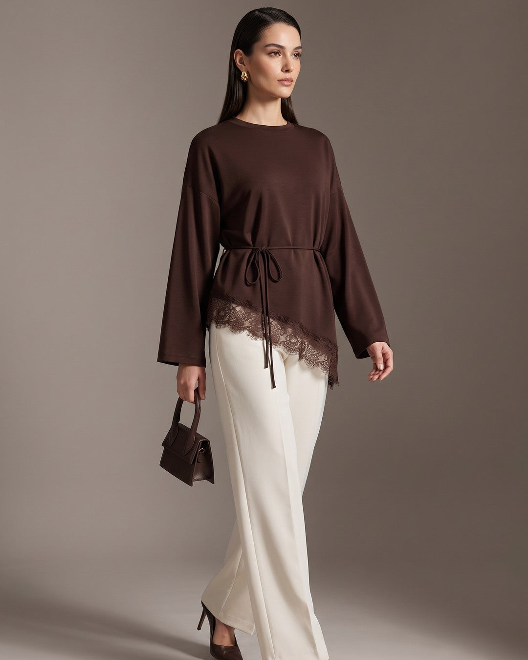 Soft Lace Asymmetric Top + Belt - Brown - three-quarter view