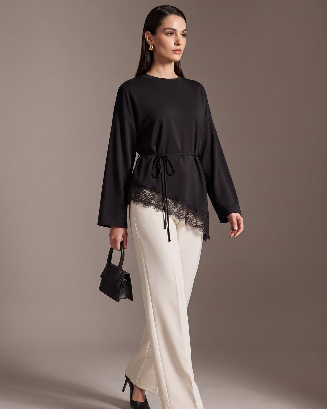 Soft Lace Asymmetric Top + Belt - Black - three-quarter view