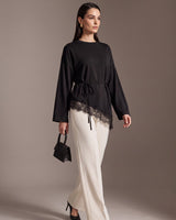 Soft Lace Asymmetric Top + Belt - Black - three-quarter view