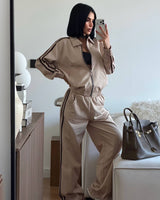 Stripe Zip Co-ord Set - Beige - front view