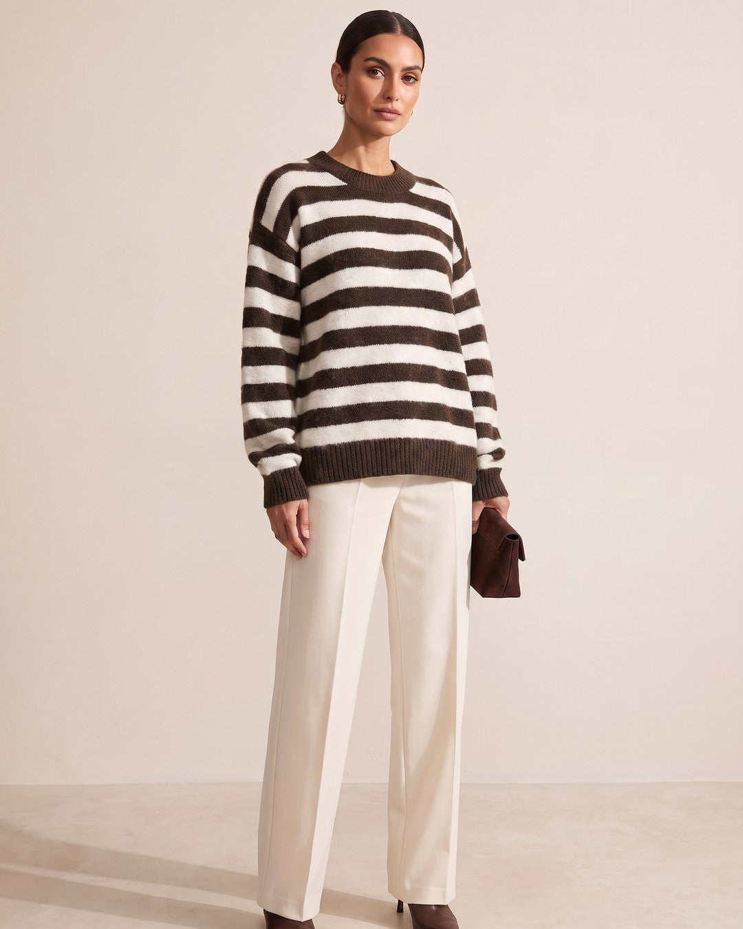 Striped Fuzzy Knit Sweater - Brown - front view