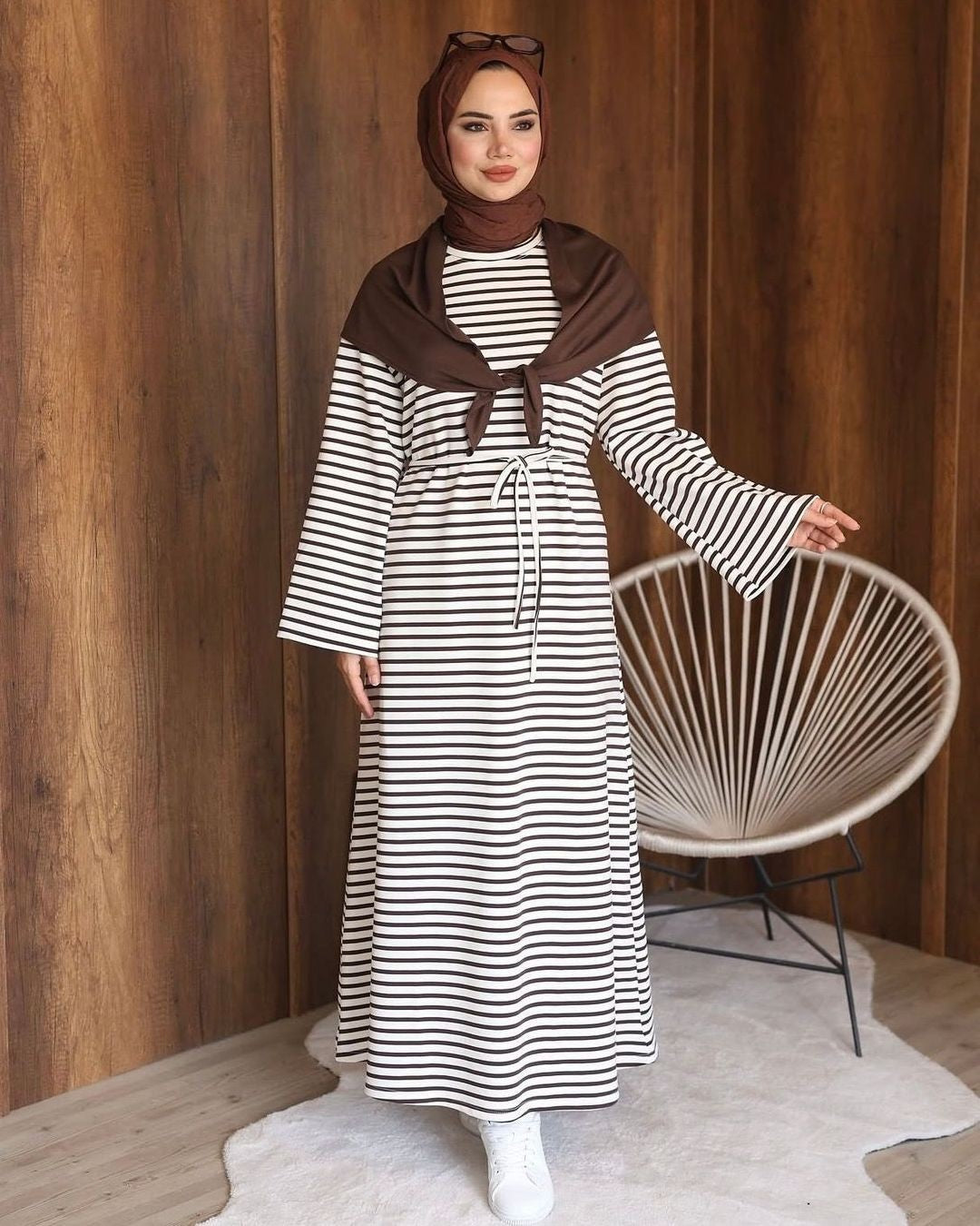 Striped Scarf Dress - Brown - front view