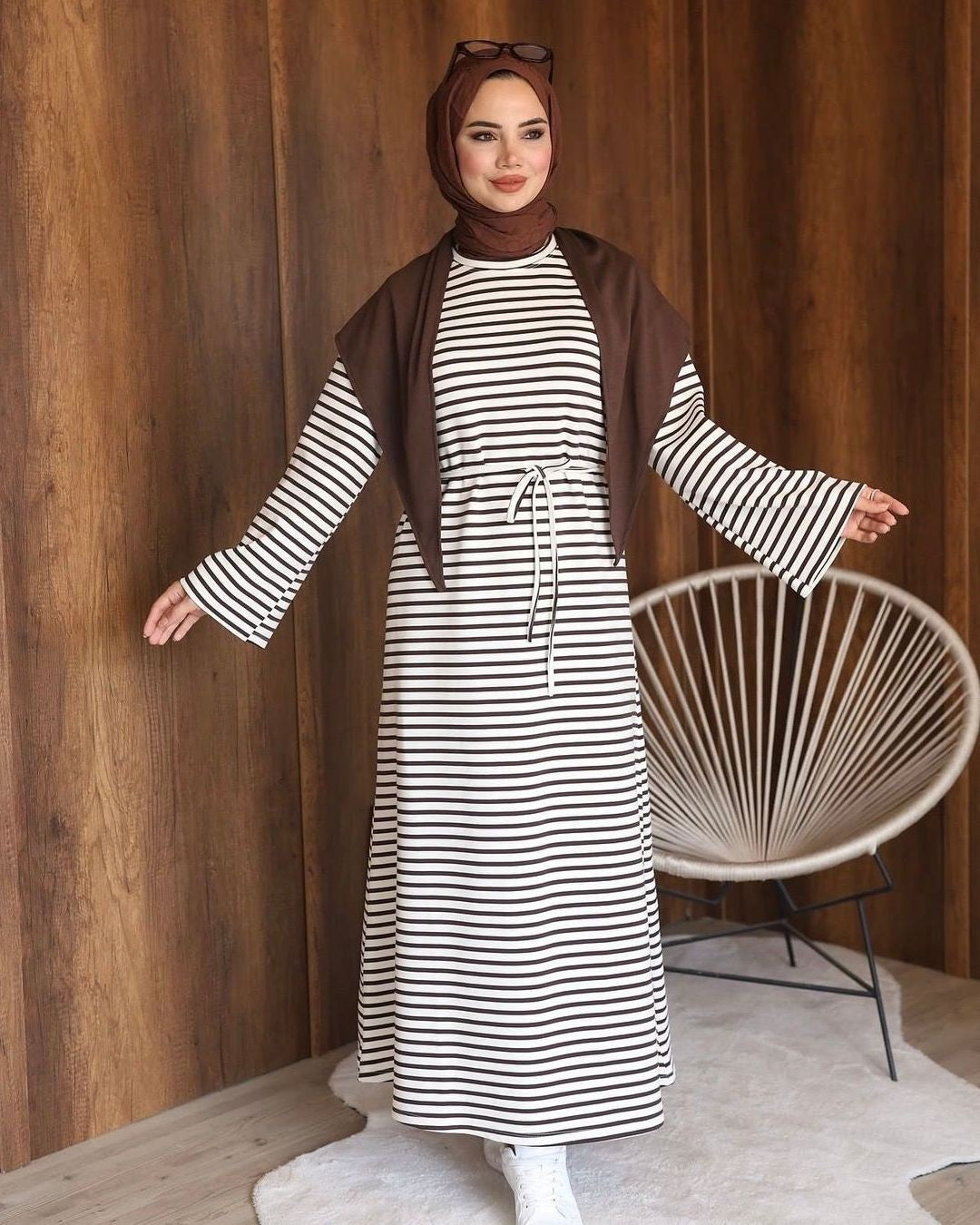 Striped Scarf Dress - Brown - front view