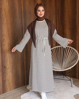 Striped Scarf Dress - Brown - front view