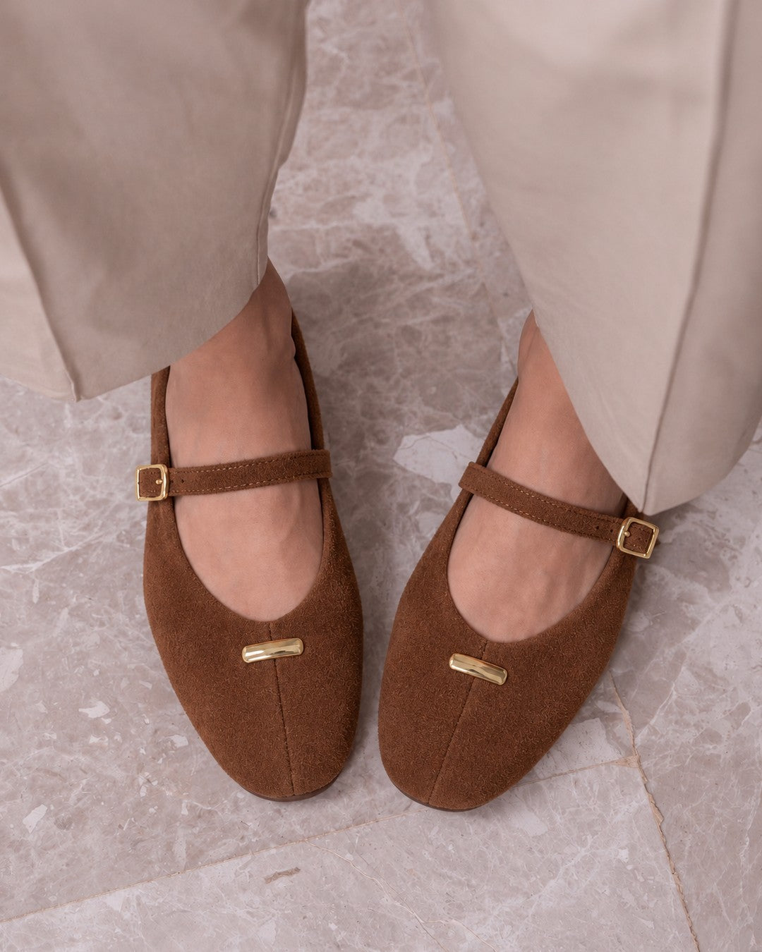 Suede Ballet Flats - Camel - front view