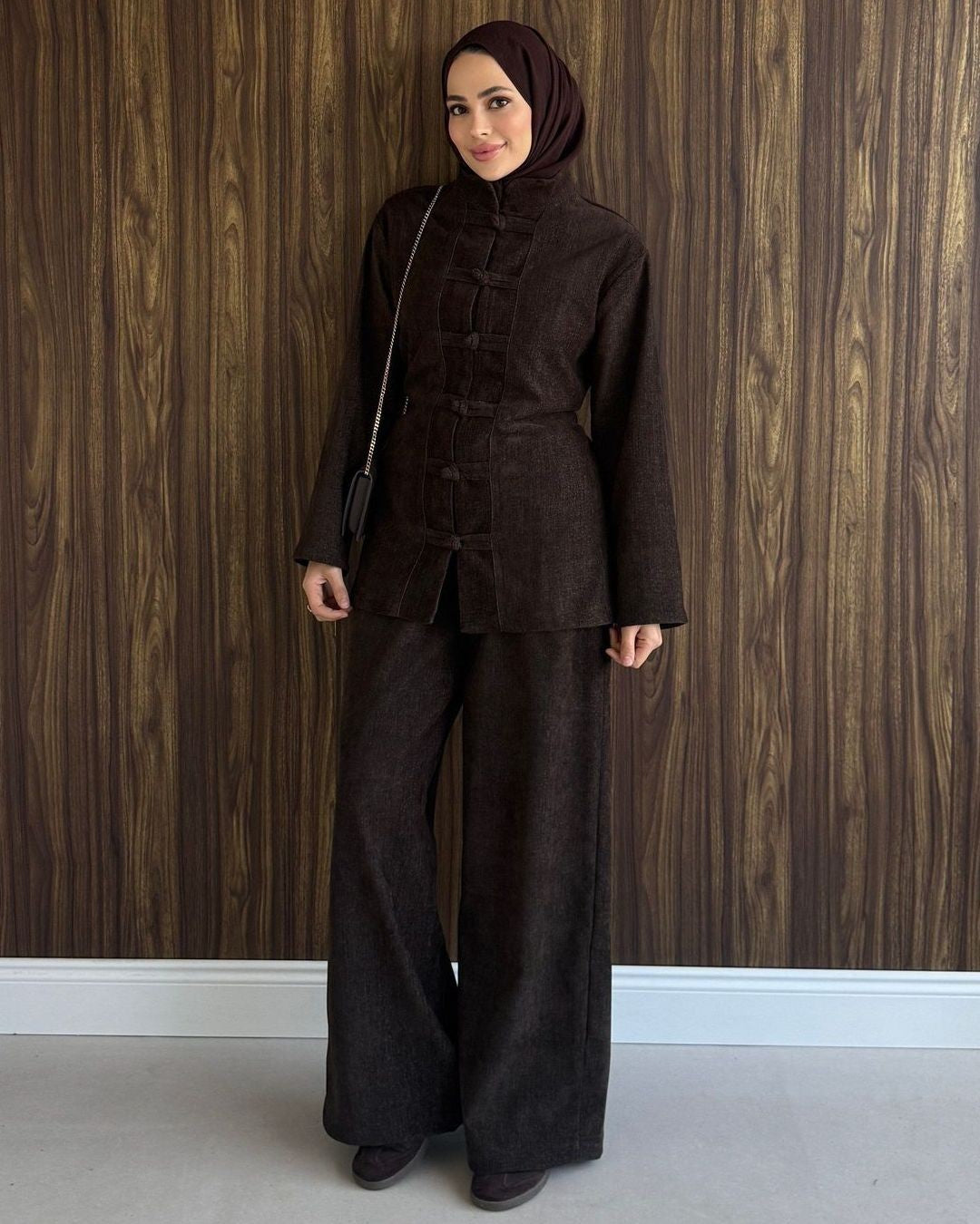 Textured Knot Button Luxe Set - Brown - front view