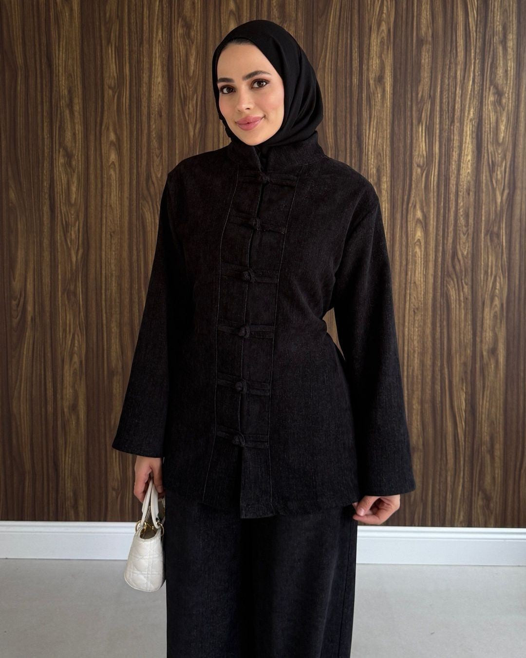 Textured Knot Button Luxe Set - Black - front view