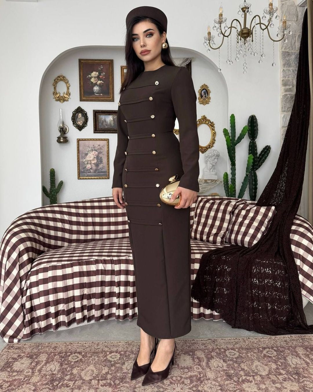 The Aurelle Gold-Button Maxi Dress - Brown - front view