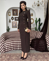 The Aurelle Gold-Button Maxi Dress - Brown - front view