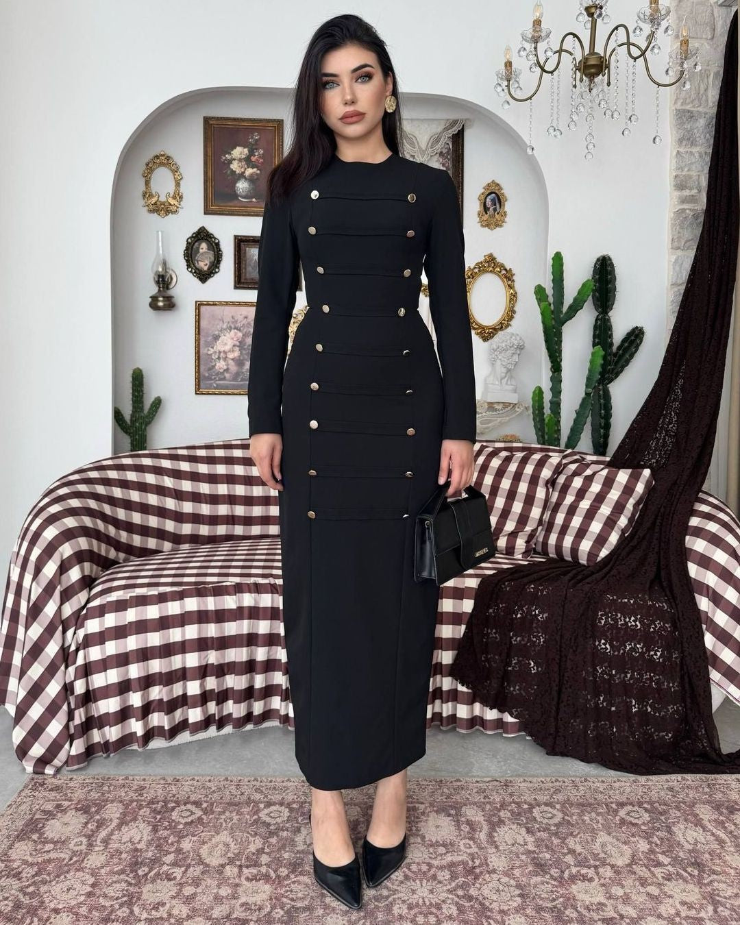 The Aurelle Gold-Button Maxi Dress - Black - front view