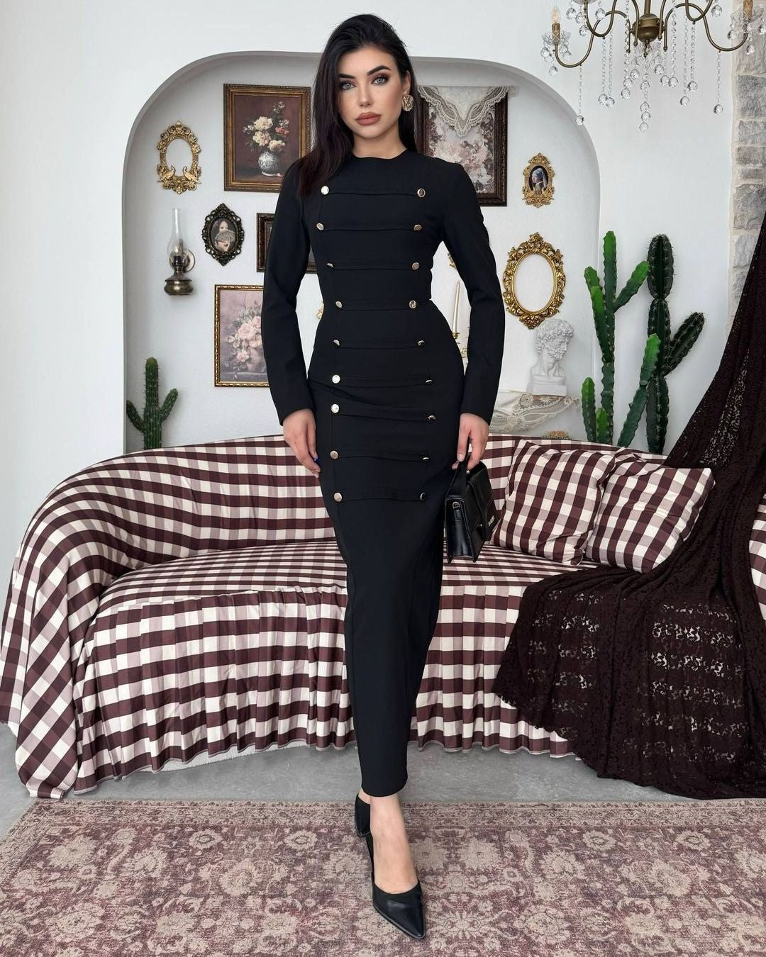 The Aurelle Gold-Button Maxi Dress - Black - front view
