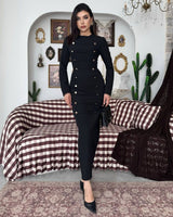 The Aurelle Gold-Button Maxi Dress - Black - front view