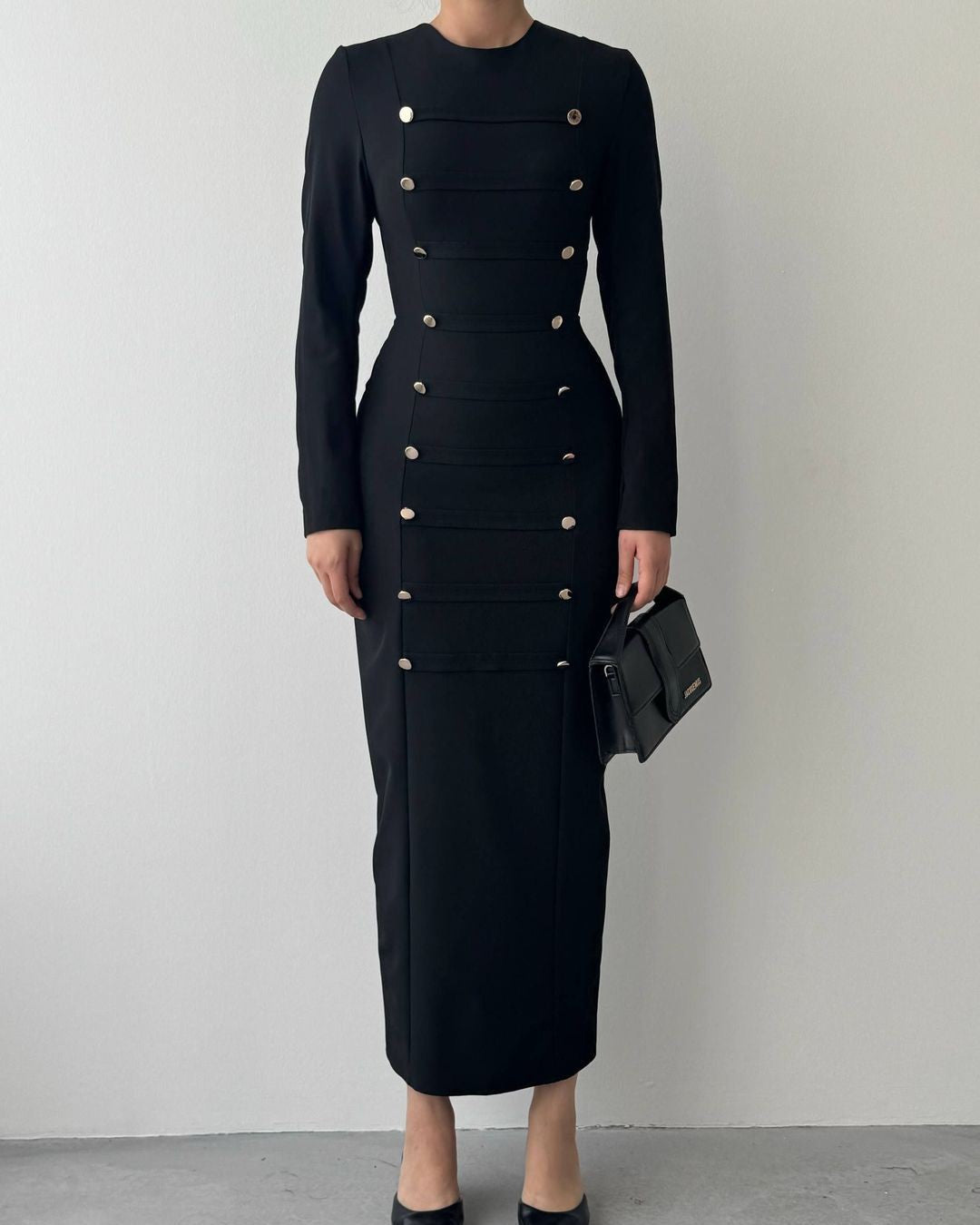 The Aurelle Gold-Button Maxi Dress - Black - front view