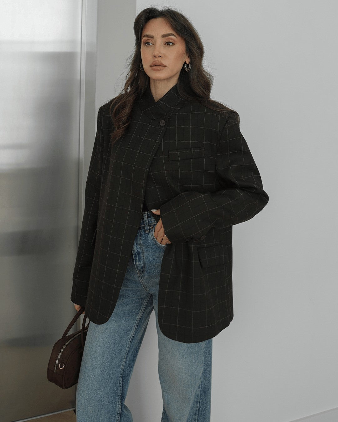 The Graphite Check Blazer - Dark Grey - three-quarter view