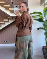 The Sienna Belted Suede Jacket - Brown - three-quarter view