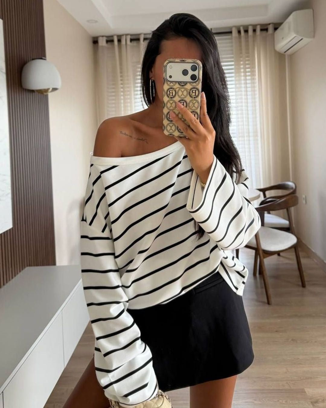 Striped Simple Top - White - front view