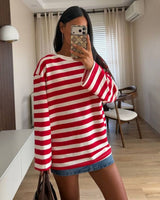 Long Sleeve Striped Top - White & Red - front view