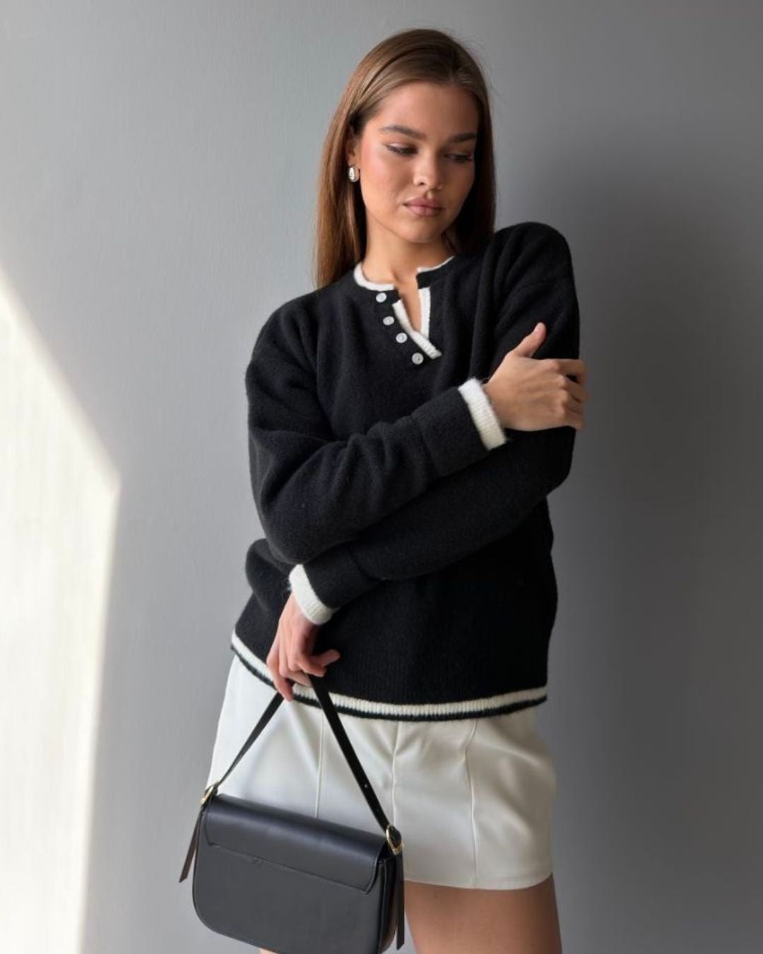 Preppy Knit Pullover - Black - three-quarter view