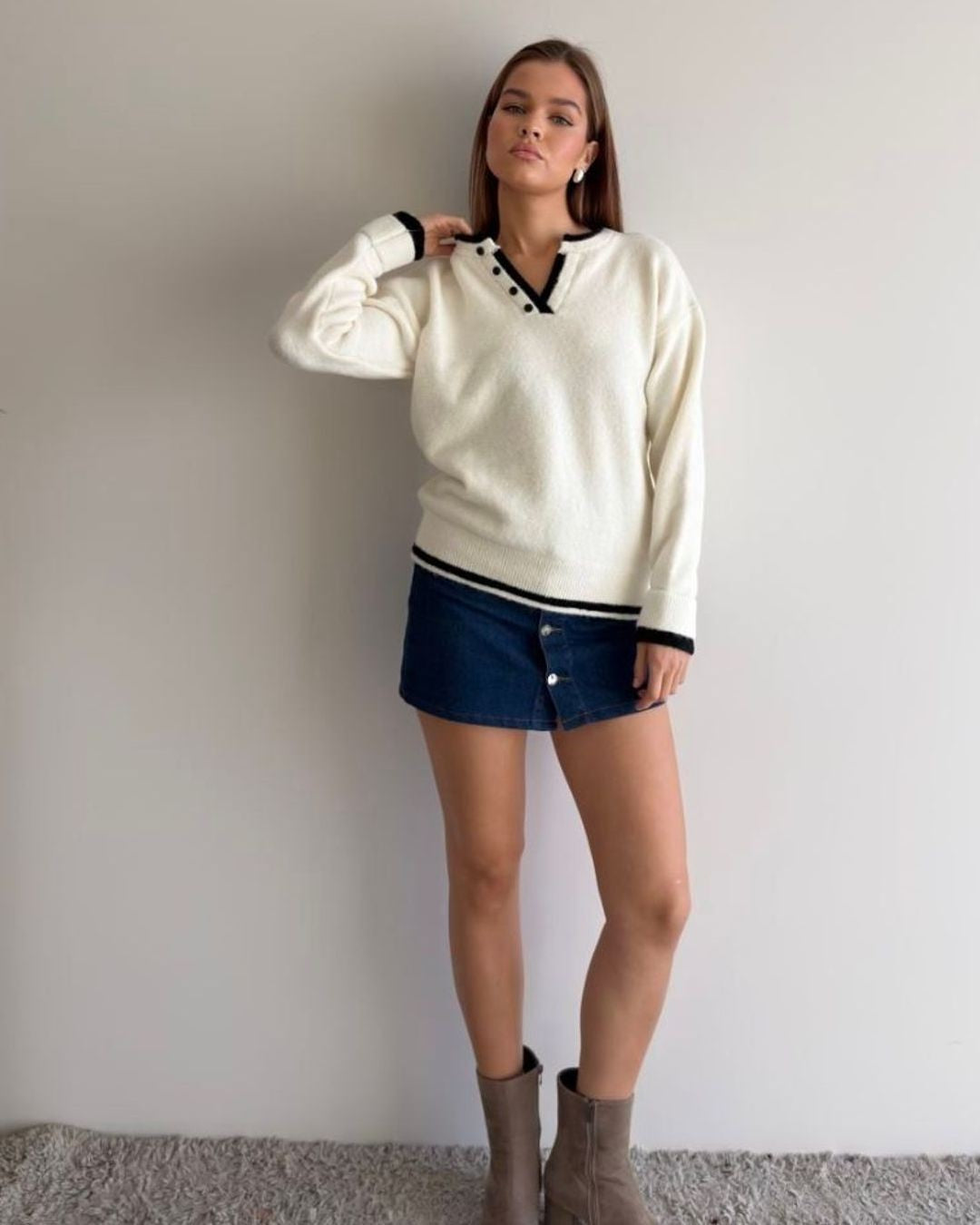 Preppy Knit Pullover - Off White - front view